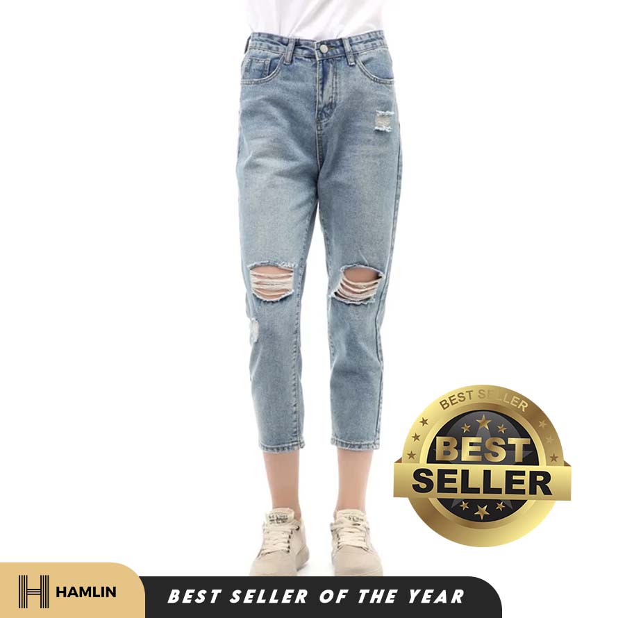 Hamlin Jourel Long Pants Celana Panjang Jeans Sobek Wanita Desain Stylish  Material Denim ORIGINAL Light Blue